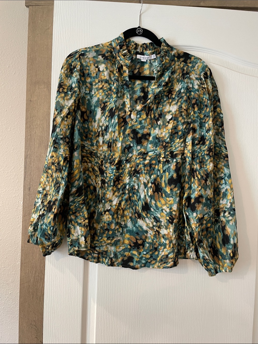 Chico's Teal, Gold & Black Abstract V-Neck Blouse
